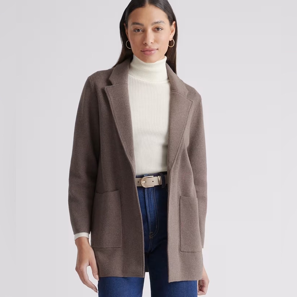 Quince 100% Organic Cotton Open Front Heather Brown Knit Blazer Sweater size S